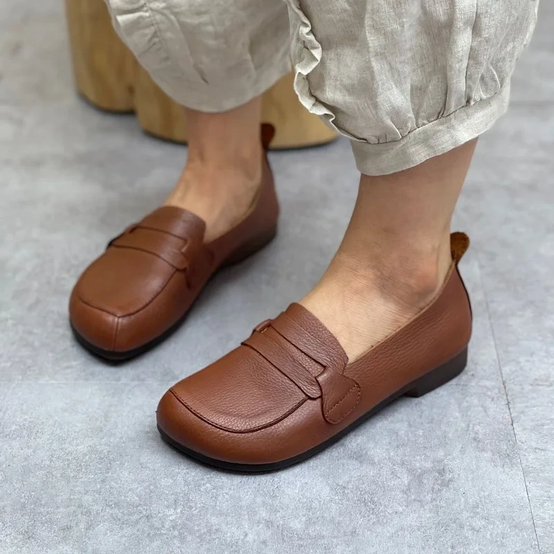 Spring Autumn New British Style Retro Flat Bottom Square Toe Shallow Slip-On Genuine Leather Women Casual Loafers Sneakers 2312