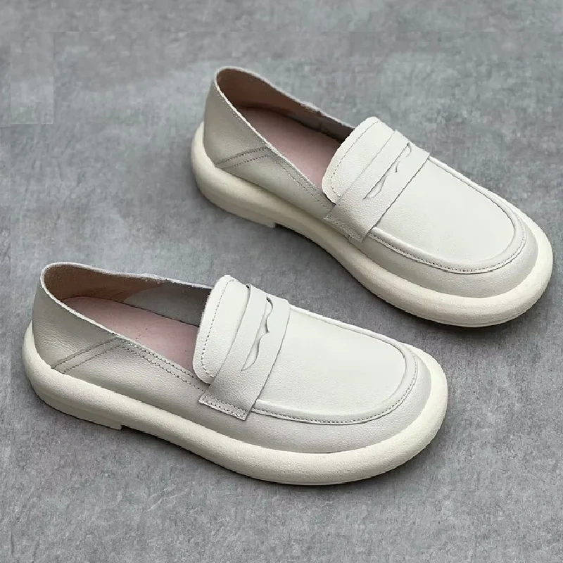 Spring Autumn New Retro Chunky Bottom Sewing Handmade Slip-On Genuine Leather Women Loafers Shoes Ladies Casual Sneakers 2312