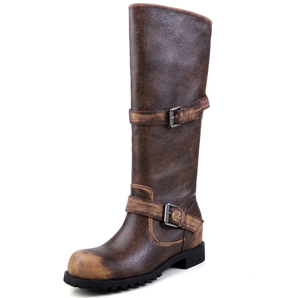 2025Women New Spring Autumn Burnished 4.8CM Square Heel Inner Heightening Genuine Leather Belt Buckle Retro Round Toe Boots50730