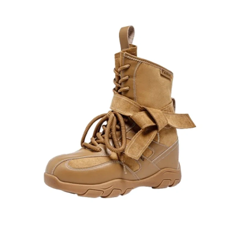 Women's Autumn Solid Color Slim-fit 12CM Hidden Wedge Lace-up Round Toe Platform Concise Casual Ladies Ankle Boots 50806