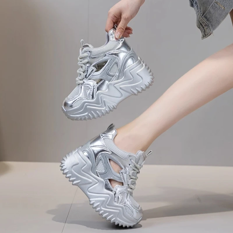 Women's Spring Summer New Slim 12 CM Hidden Increasing Genuine Leather & Mesh Cut Out Closed Toe Lace Up Platform Sandals 50708