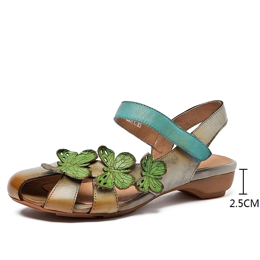 Women Summer New 2.5CM Low Heel Genuine Leather Cut Out Open Back Color Block Floral Single Strap Hook&Loop Retro Sandals 50626