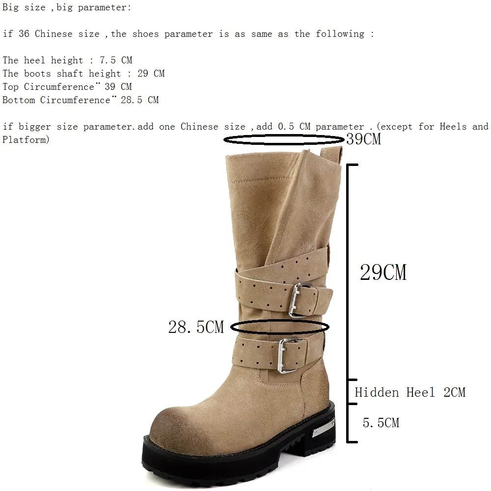 Women's Autumn Winter New Cow Suede 7.5CM Block Heel Hidden Wedge Retro Round Toe Platform Punk Style Buckle Half Boots 50830