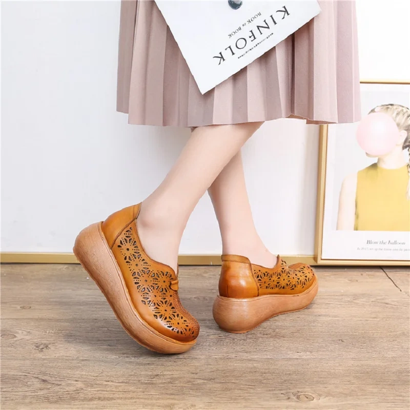 Women's Summer New Slim Wedge Genuine Leather Cut-Out Slip On Platform Soft-Soled Closed-Toe Bohemian Vintage Sandals 50624