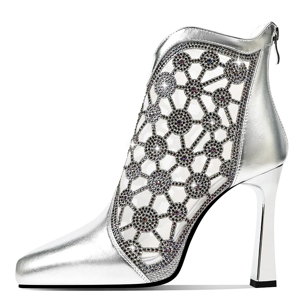 Women's Spring Summer Fashion Pointed Toe 9.5 CM Stiletto Genuine Leather Mesh Crystals Platform Zipper Ankle Boots 50609