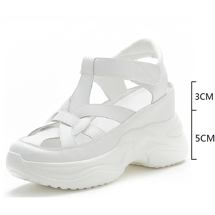 Women's Summer New Slim 8CM Wedge Heel Genuine Leather Cross - Strap Hook & Loop Backless Solid Color Gladiator Sandals 50710