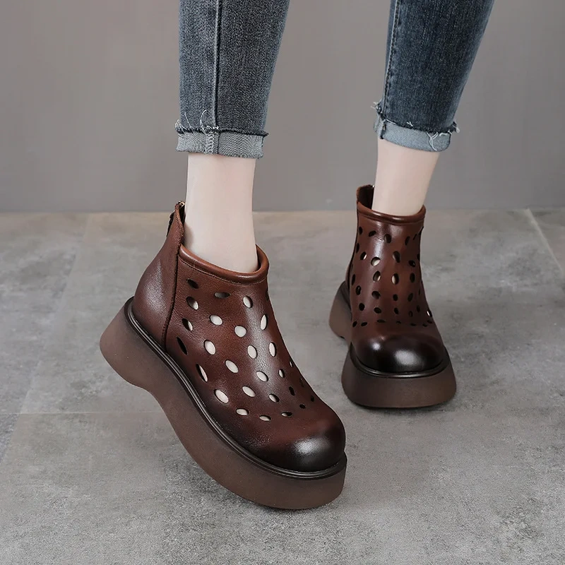 Women's Spring Summer Slim 5 CM Thick Sole Genuine Leather Round Toe Cut Out Zipper Platform Retro Solid Color Ankle Boots 50630