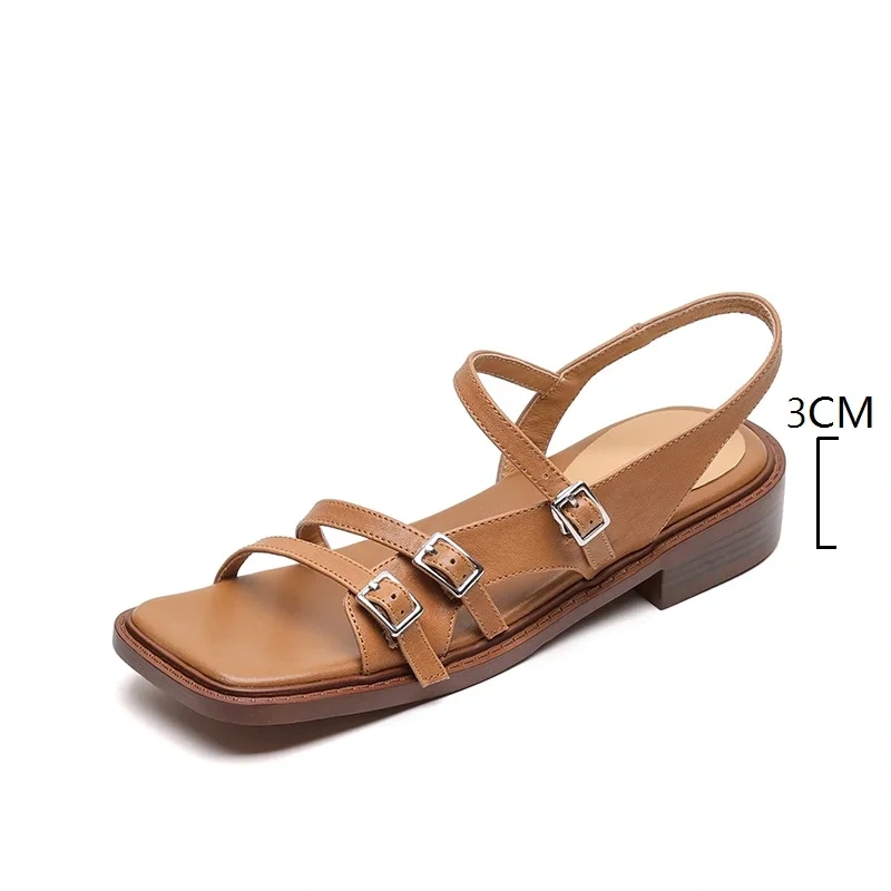 Women's Summer New Slim 4.5 CM Block Heel Genuine Leather Strap Buckle Square Toe Gladiator Retro Sandals 50612
