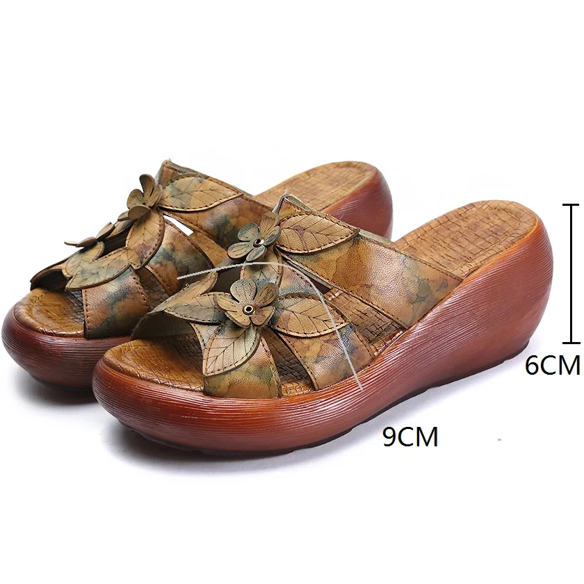 Women's Summer Slim 6 CM Wedge Heel Platform Peep Toe Floral Embossed Slide Genuine Leather  Retro Gladiator Slippers 50620