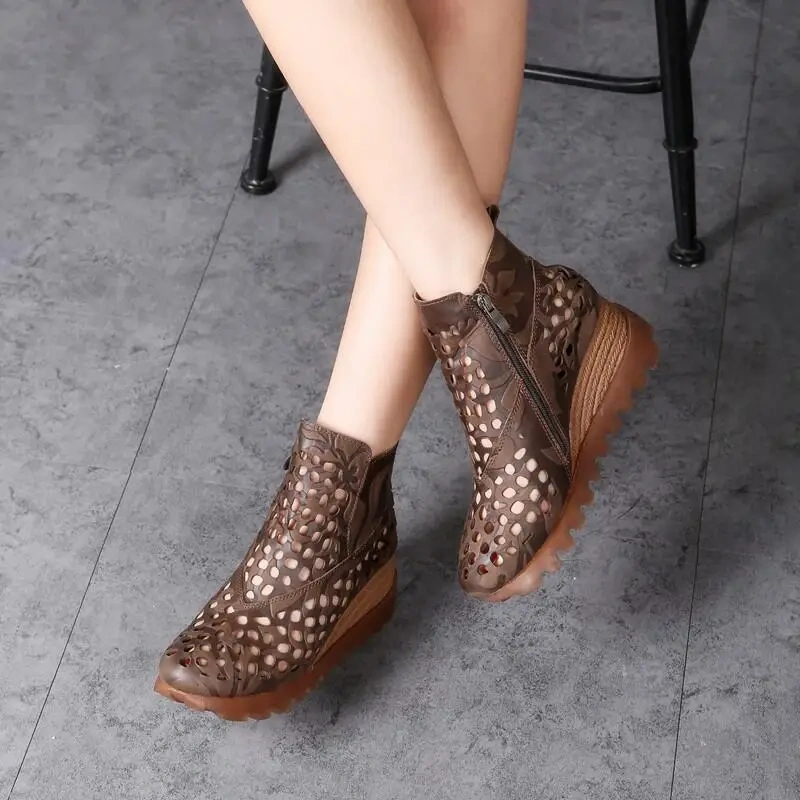 Summer New British Style Retro Wedges Hollow Embroidery Zipper Genuine Leather Women Ankle Short Riding Equestrian Boots 2404