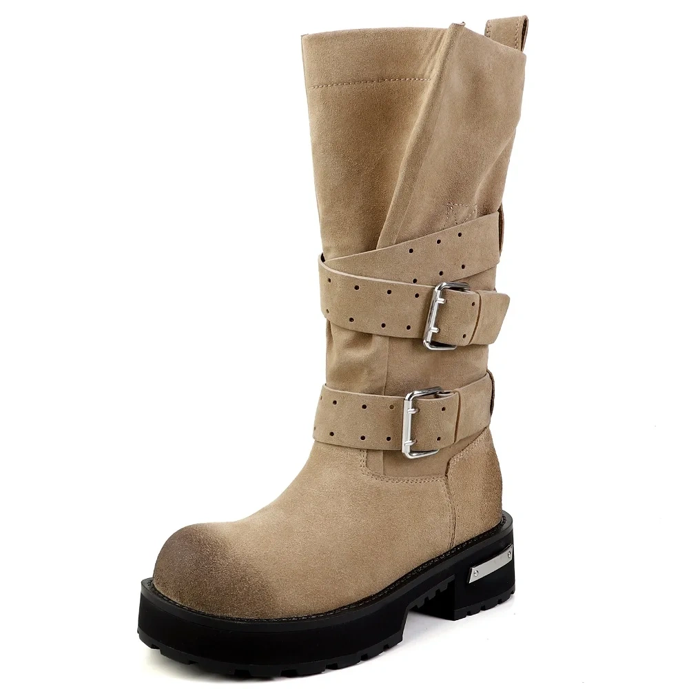 Women's Autumn Winter New Cow Suede 7.5CM Block Heel Hidden Wedge Retro Round Toe Platform Punk Style Buckle Half Boots 50830