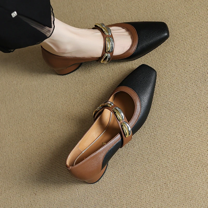 Women's Spring Summer New Genuine Leather French Square Toe 3CM Low Chunky Heel Shallow Mouth Block Color Slip On Shoes 50724
