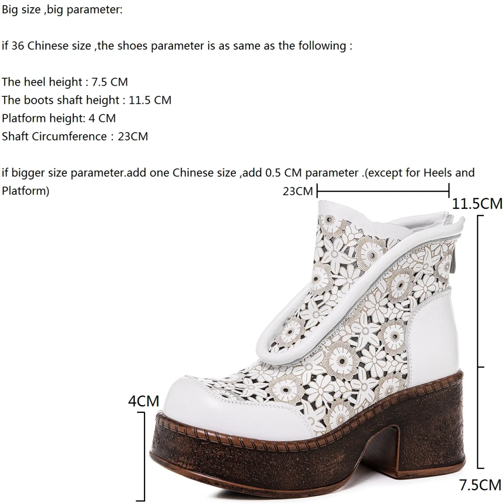 Women's Spring Summer Slim 7.5 CM Chunky Heel Genuine Leather Platform Floral Cut Out Embroidery Retro Chinese Ankle Boots 50603