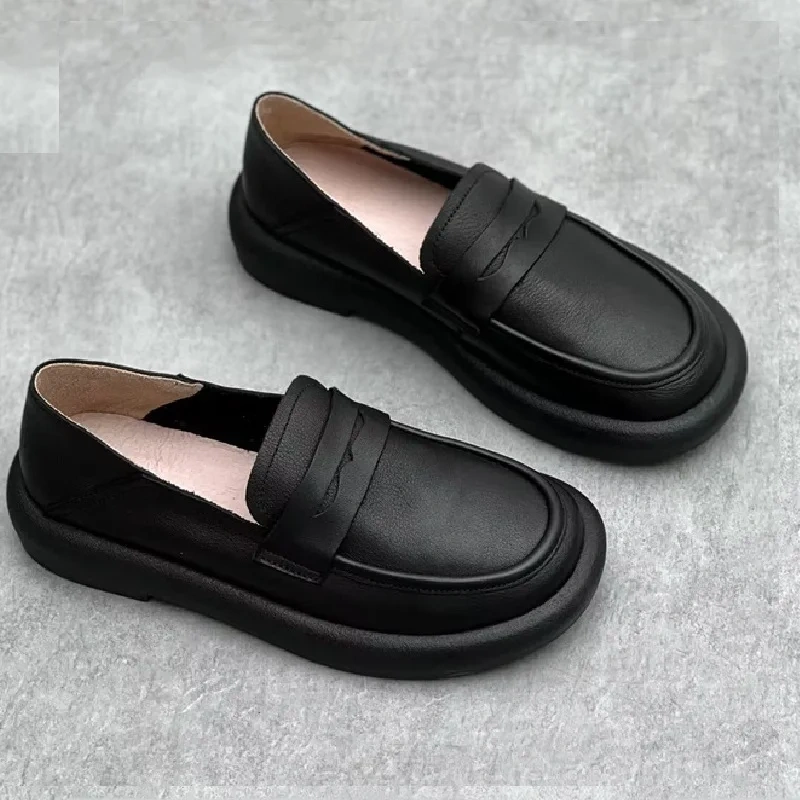 Spring Autumn New Retro Chunky Bottom Sewing Handmade Slip-On Genuine Leather Women Loafers Shoes Ladies Casual Sneakers 2312