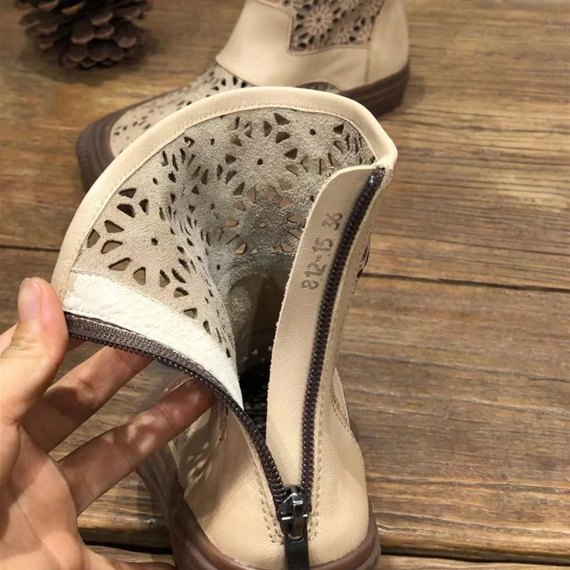 Women's Spring Autumn New Slim 3 CM Sole Square Toe Cut Out Printed Zipper Genuine Leather Retro Ankle Boots 50529