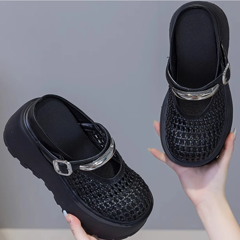 Women's Summer Fashion 10 CM Thick Sole Genuine Leather Sandals Closed Toe Hollow Out Metal Buckle Slippers 50524