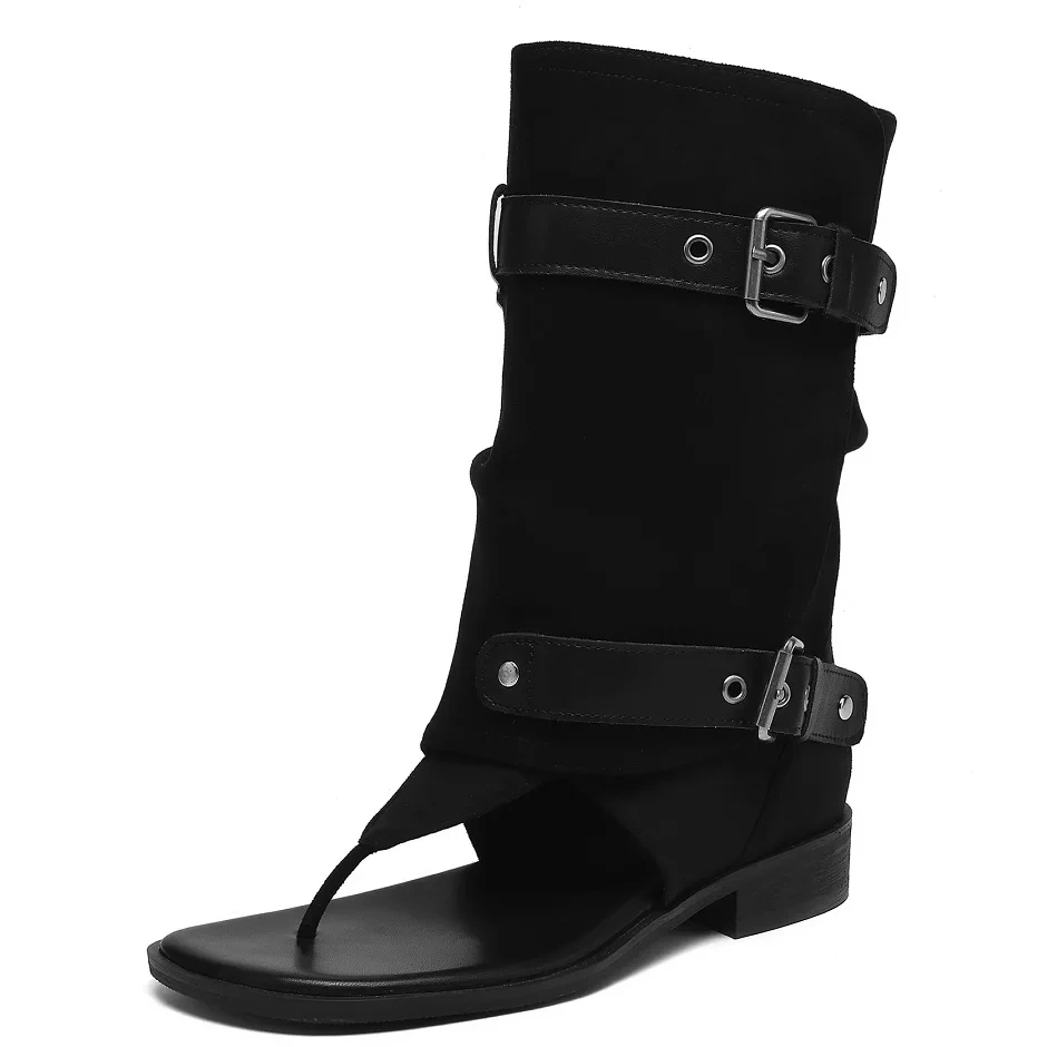 Women's Summer New Genuine Leather Solid Color Toe Strap Buckle Slip-On Round Toe 3CM Block Heel Slim Leisure Ankle Boots 50728