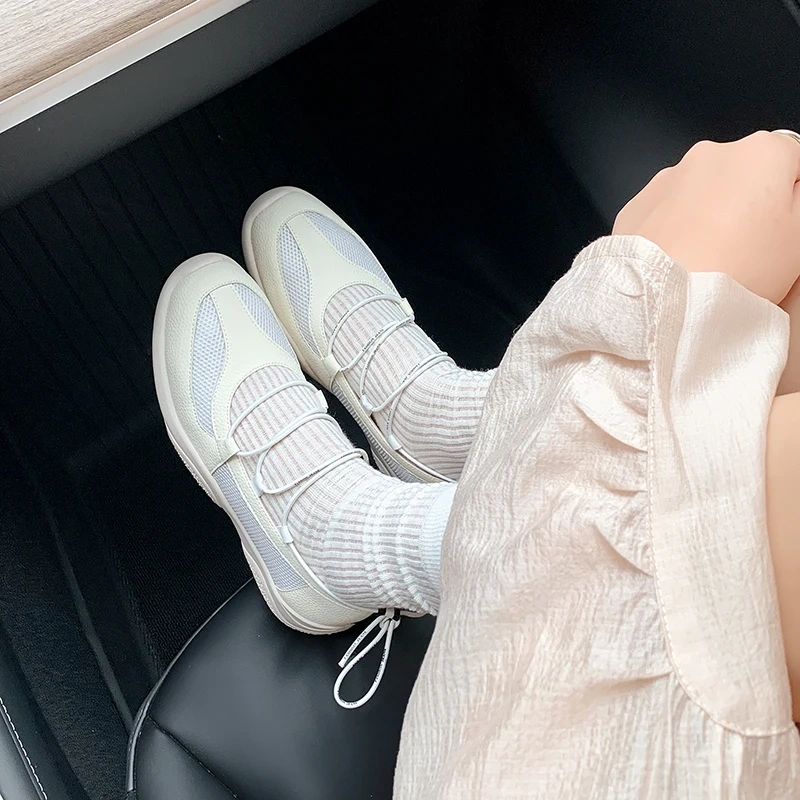 Women's Spring Summer New Slim 4.5 CM Thick Sole Genuine Leather Mesh Shallow Mouth Round Toe Cords-Tied Casual Flats 50611