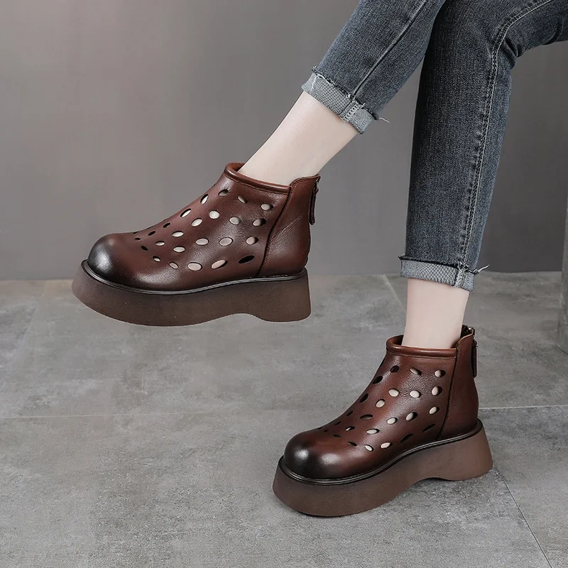 Women's Spring Summer Slim 5 CM Thick Sole Genuine Leather Round Toe Cut Out Zipper Platform Retro Solid Color Ankle Boots 50630