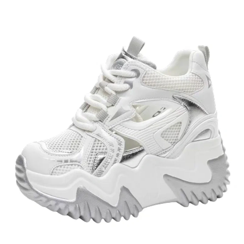 Women's Spring Summer New Slim 12 CM Hidden Increasing Genuine Leather & Mesh Cut Out Closed Toe Lace Up Platform Sandals 50708