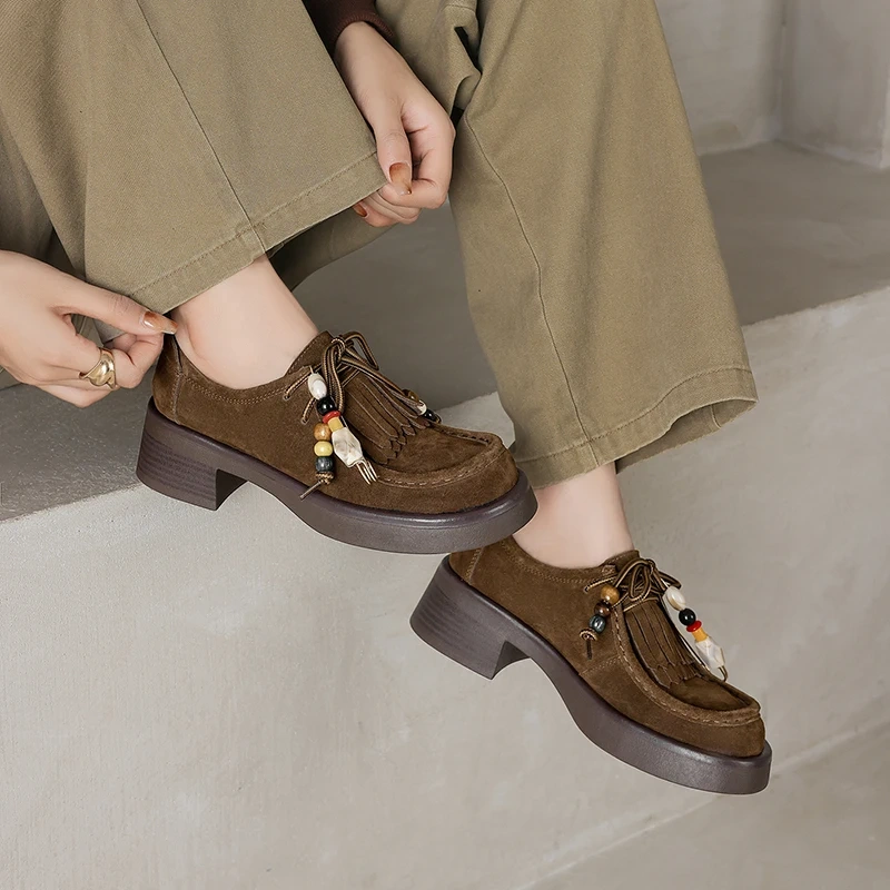 Women's Autumn New Cow Suede Retro Round-Toe Beaded Tassel 5.5CM Block Heel Slip-On Solid Color Casual Comfortable Shoes 50829