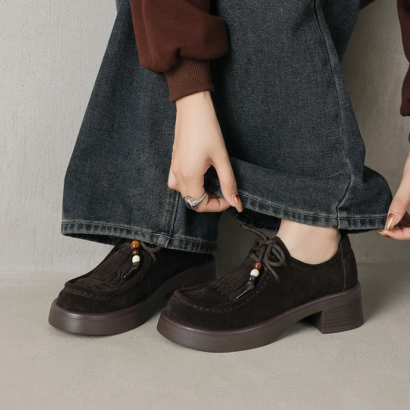 Women's Autumn New Cow Suede Retro Round-Toe Beaded Tassel 5.5CM Block Heel Slip-On Solid Color Casual Comfortable Shoes 50829