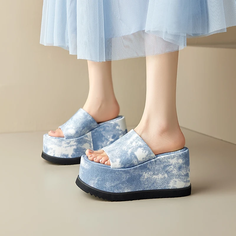 Women's Summer New Slim 8 CM Height Increasing Tie-Dye Gradient Color Peep Toe Platform Casual Gladiator Wedge Slippers 50618