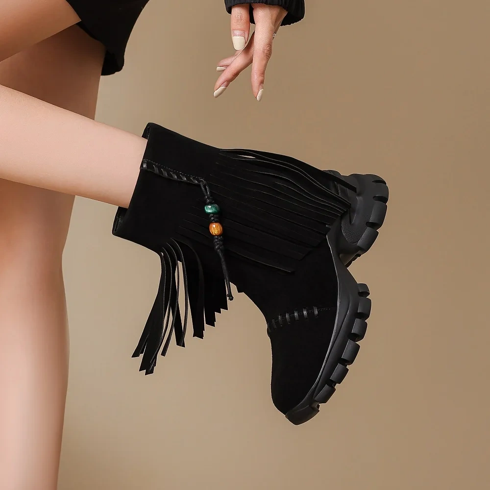 New Autumn Winter Women's Suede Leather 10cm Thick Sole Inner Height Tassel Bead Stitched Casual Versatile Ankle Boots 50930