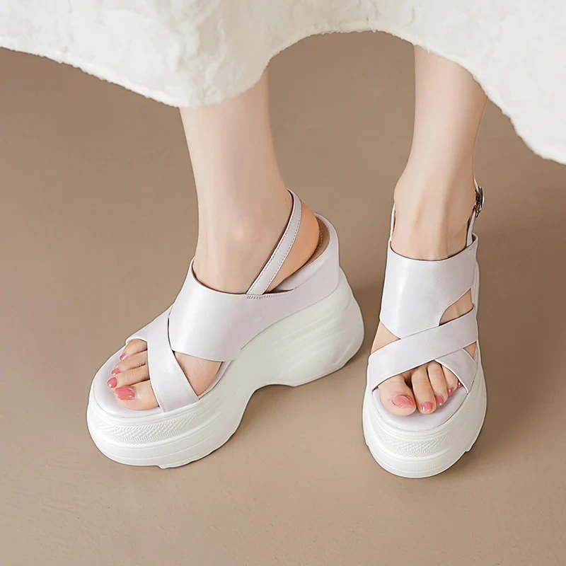 Women's Summer New Slim 14CM Wedge Heel Genuine Leather Cross Strap Cut-Out Buckle Peep Toe Solid Color Gladiator Sandals 50709