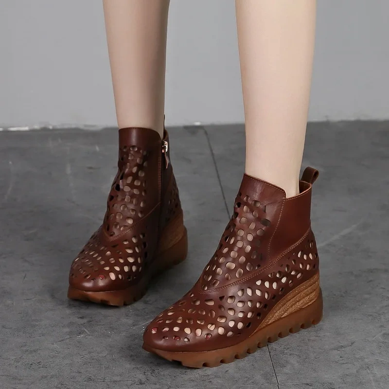 Summer New British Style Retro Wedges Round Toe Cut Out Hollow Zipper Genuine Leather Women Ankle High-top Gladiator Boots 2404