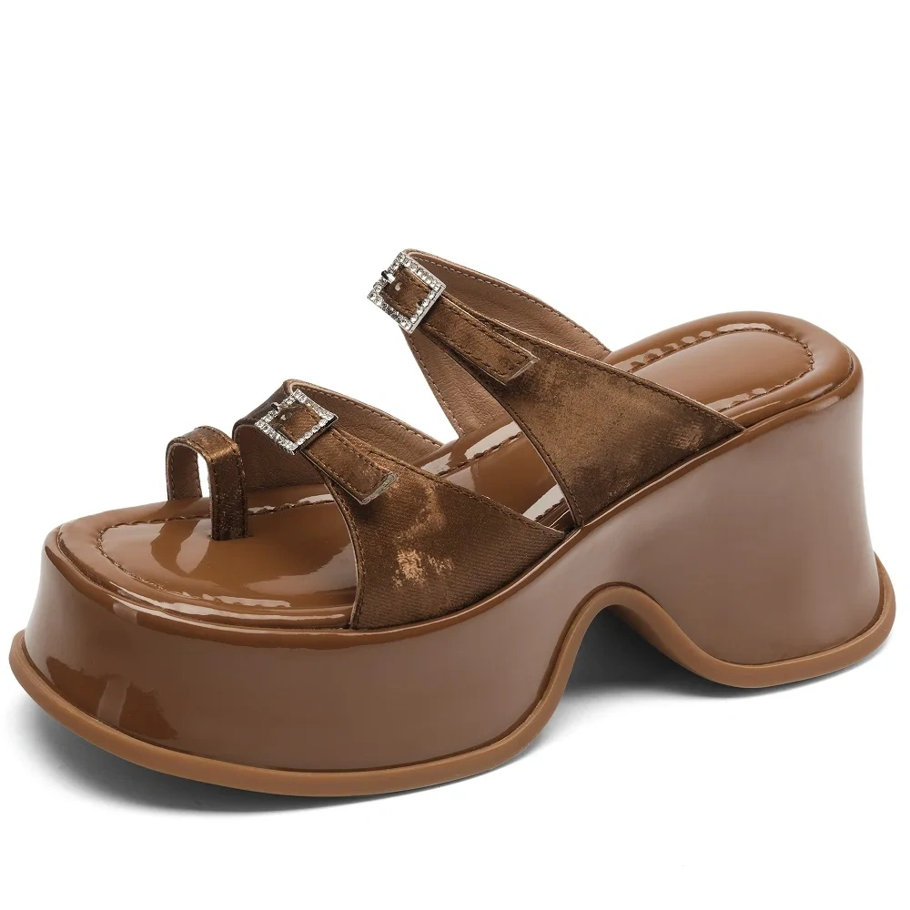 Women's Summer Fashion 9 CM Thick Sole Wedge Platform Genuine Leather Slippers Peep-Toe Buckle Strap Sandals 50517