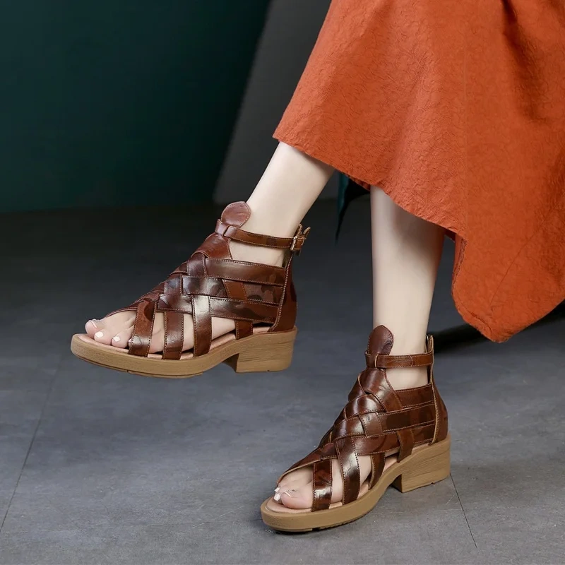 Summer New British Style Retro Thick Heels Peep Toe Narrow Band Cut Out Genuine Leather Women Ankle Short Gladiator Boots 2404