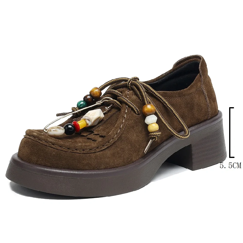 Women's Autumn New Cow Suede Retro Round-Toe Beaded Tassel 5.5CM Block Heel Slip-On Solid Color Casual Comfortable Shoes 50829