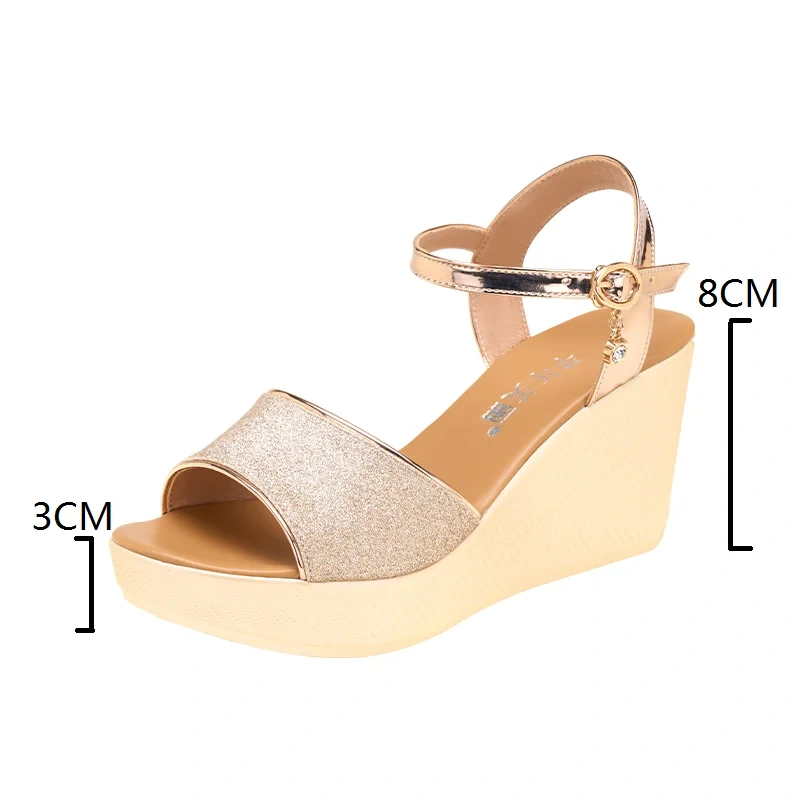 Women's Summer New Slim 8CM Wedge Heel Open Toe Shallow Mouth Concise Sandals Straps Crystals Platform Plus Size Shoes 50711