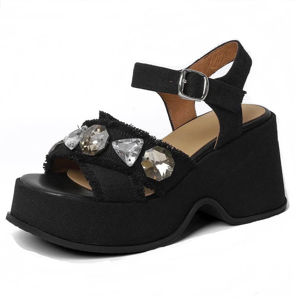 Women's Summer New Slim 9 CM Chunky Heel Denim Crystals Buckle Strappy Open Toe Platform Sandals 50609