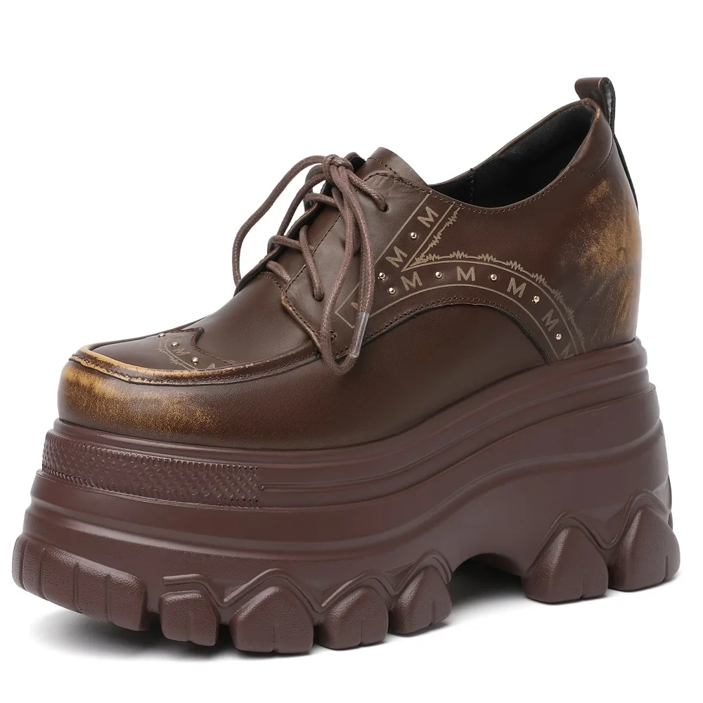 Spring Autumn New British Style Retro Height Increasing Platform Wedges Rivet Lace-Up Genuine Leather Women Modern Pumps 2401