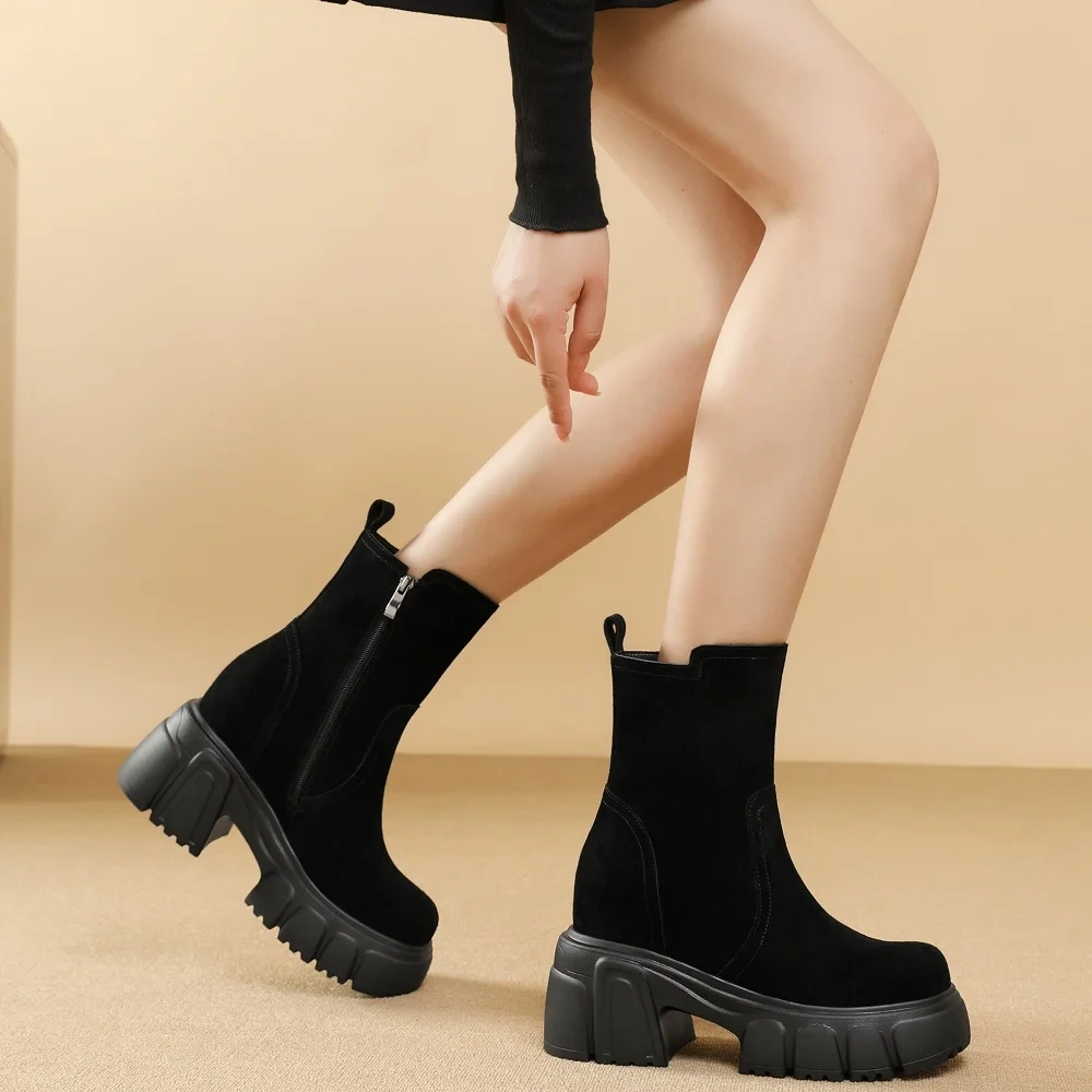 Solid Color Side Zipper 10CM Block Heel Matte Leather Platform Korean Slip On Retro Handmade Women's Autumn Winter Boots 51017