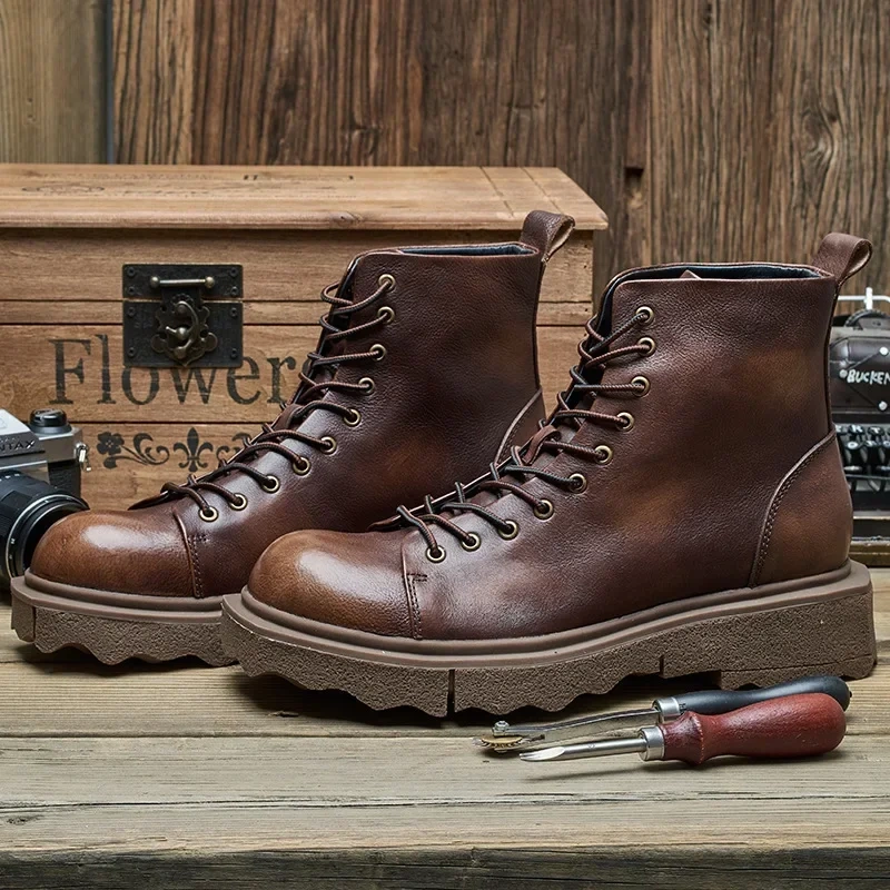 Spring Autumn New British Style Retro Chunky Bottom Sewing Platform Cross-tied Genuine Leather Men Ankle Short Work Safety Boots