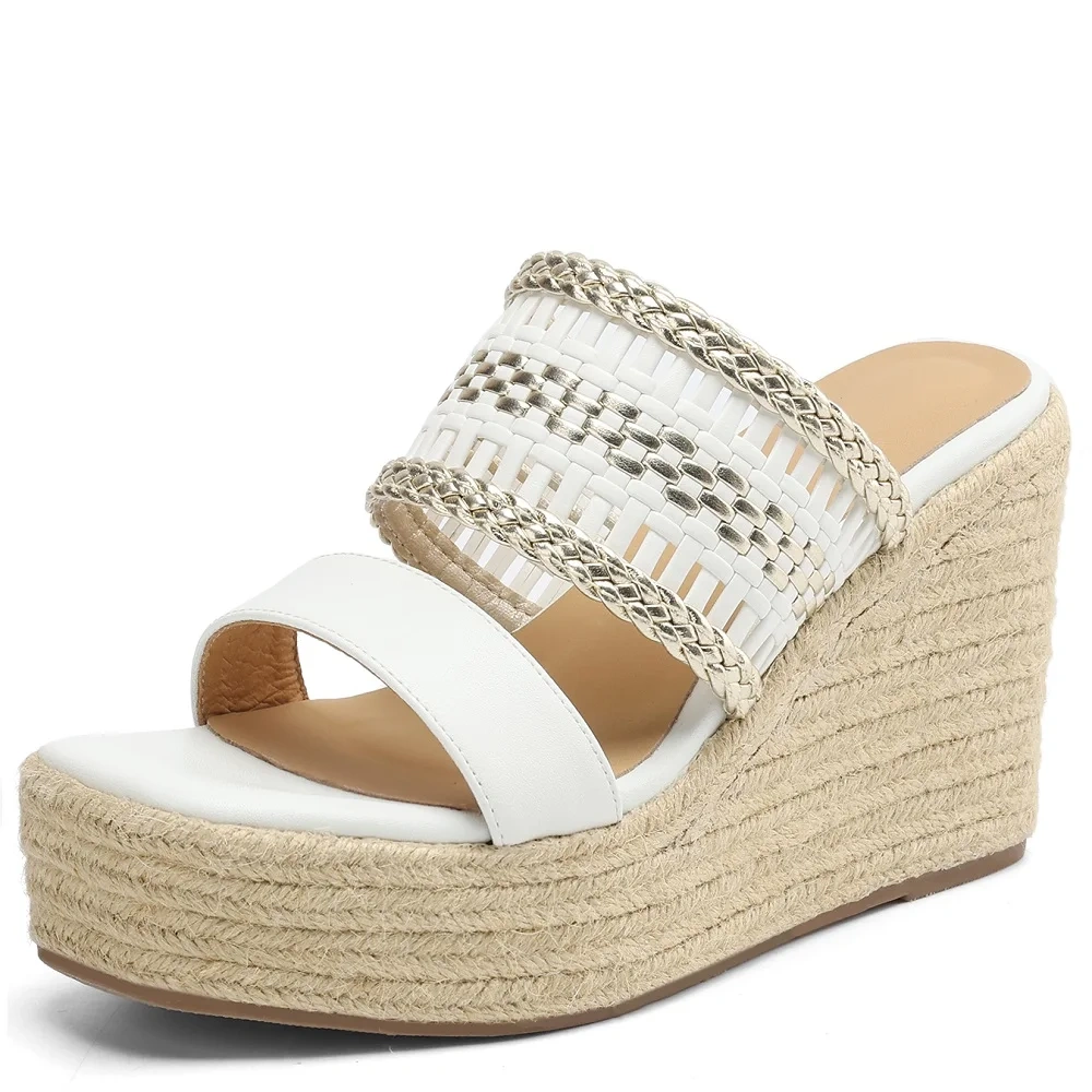 Women's Summer New Genuine Leather Slim Fit 10 CM Height Increasing Woven Peep-Toe Platform Color Blocking Wedge Slippers 50616