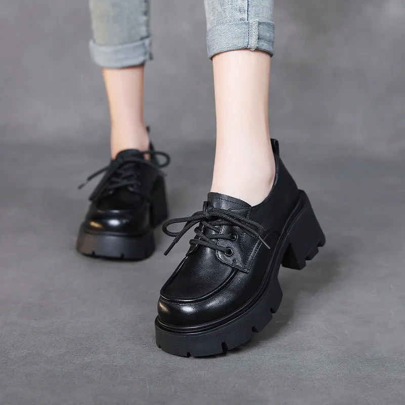 Women's New Spring Autumn Genuine Leather 7CM Square Heel Slimming Loafers Lace Up Platform Round Toe Retro Casual Shoes 50729