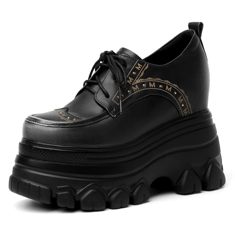 Spring Autumn New British Style Retro Height Increasing Platform Wedges Rivet Lace-Up Genuine Leather Women Modern Pumps 2401