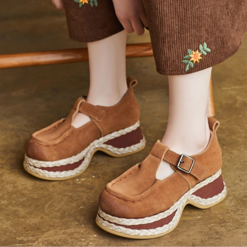 Women's Spring/Autumn New 4.5cm Chunky Heel Genuine Leather Buckle Espadrille British Style Wedge Platform Stitched Shoes 50707