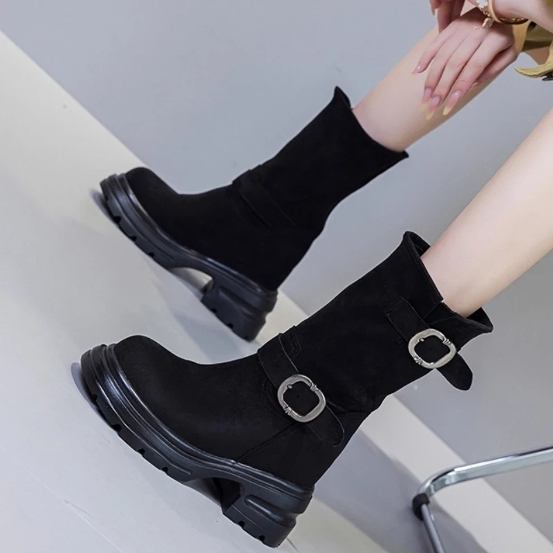 Women's Autumn Suede Genuine Leather Metal Buckle Slip On Solid Color Retro Round Toe 12CM Heel Casual Mid Calf Boots 50807