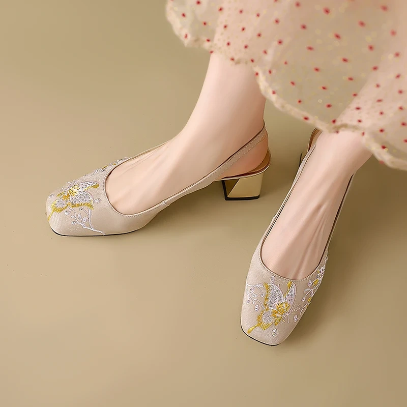 Women's Summer New Slim 5.5 CM Block Heel Genuine Leather Embroidered Crystals Buckle Strappy Open Back Square Toe Pumps 50619