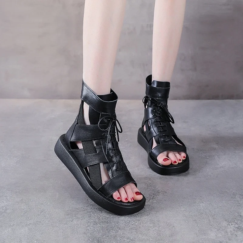 Women's Summer New Slim Fit 3.5 CM Wedge Heel Genuine Leather Zip Lace-Up Peep Toe Cut Out Gladiator Ankle Boots 50605