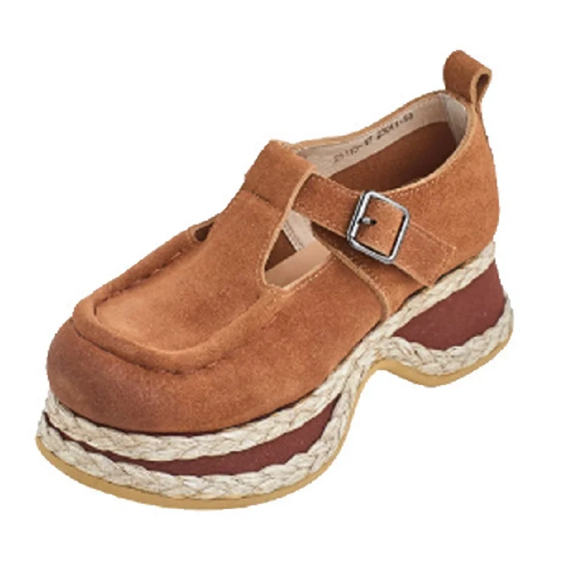 Women's Spring/Autumn New 4.5cm Chunky Heel Genuine Leather Buckle Espadrille British Style Wedge Platform Stitched Shoes 50707