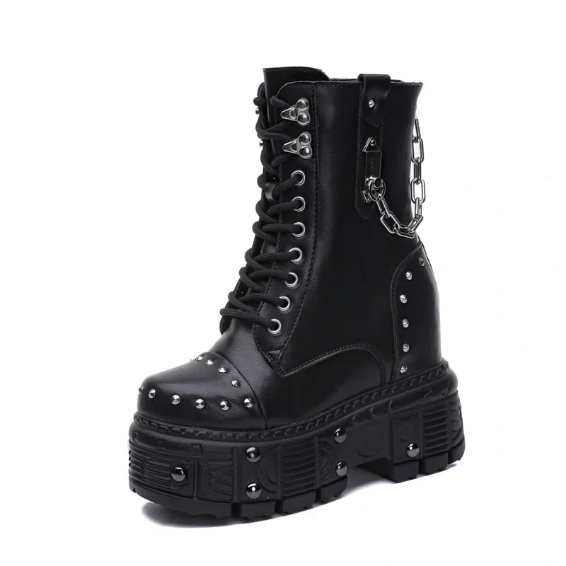 Spring Autumn Winter New Punk Style Height Increasing Platform Metal Chain Rivet Cow Leather Lace-Up Women Mid-Calf Modern Boots