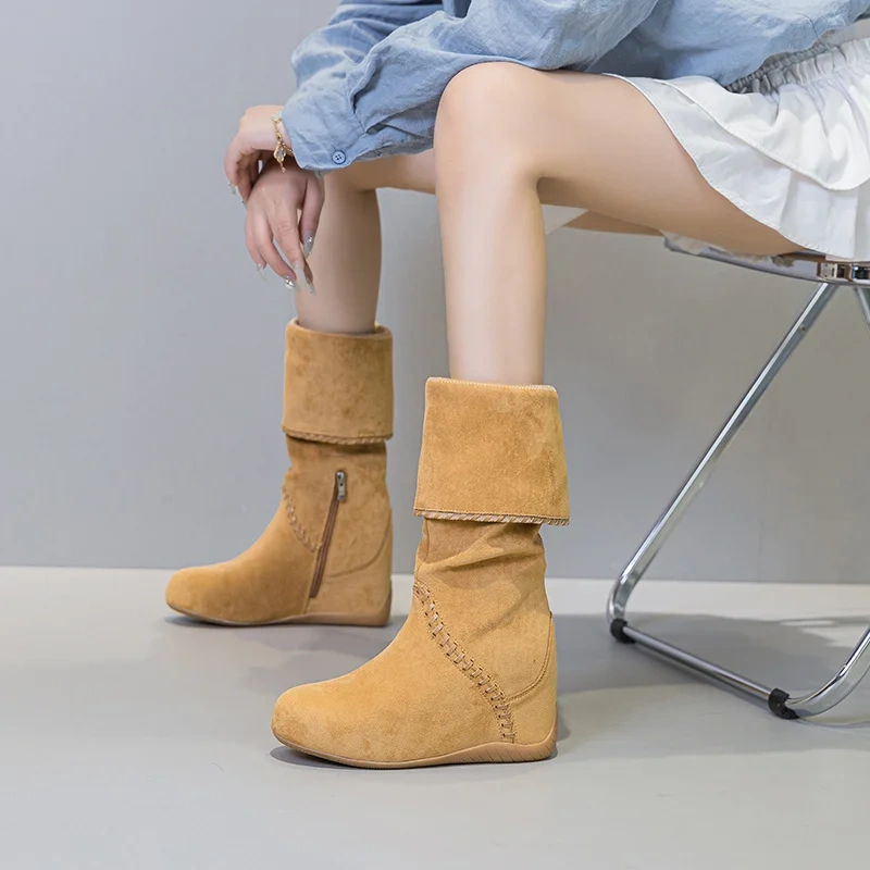 Women Autumn Winter New Mid-Calf Boots Cow Suede Casual 11CM Invisible Heel Sewing Foldable Collar Korean Style Half Boots 51014