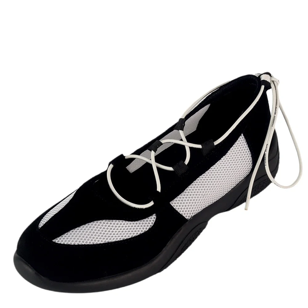 Women's Spring Summer New Slim 4.5 CM Thick Sole Genuine Leather Mesh Shallow Mouth Round Toe Cords-Tied Casual Flats 50611