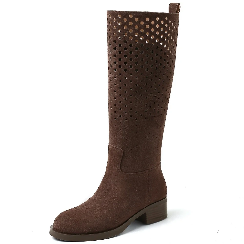 2025 New Women's Genuine Leather Cut Out Slim Fit 4.5CM Block Heel Round Toe Versatile Retro Slip-On knee High Boots 50722